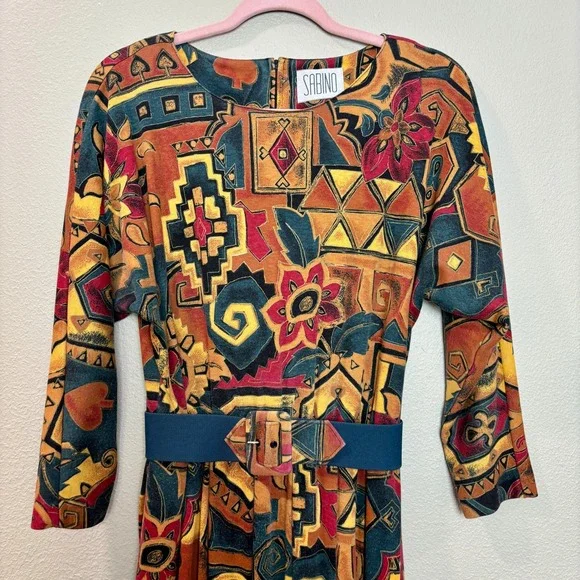 Sabino Vintage 80s‎ Midi Dress Abstract Print Belted Long Sleeve Size 6 Bohemian - Picture 2 of 16